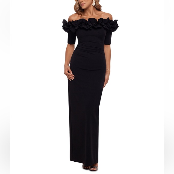 Xscape Black Ruffled Off The Shoulder Maxi Evening Gown NWT - Reemoly - Picture 3 of 16